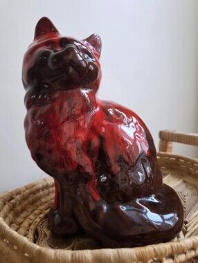 Vintage 1970s Mid-Century Ceramic Cat Figurine | Red & Black Glaze